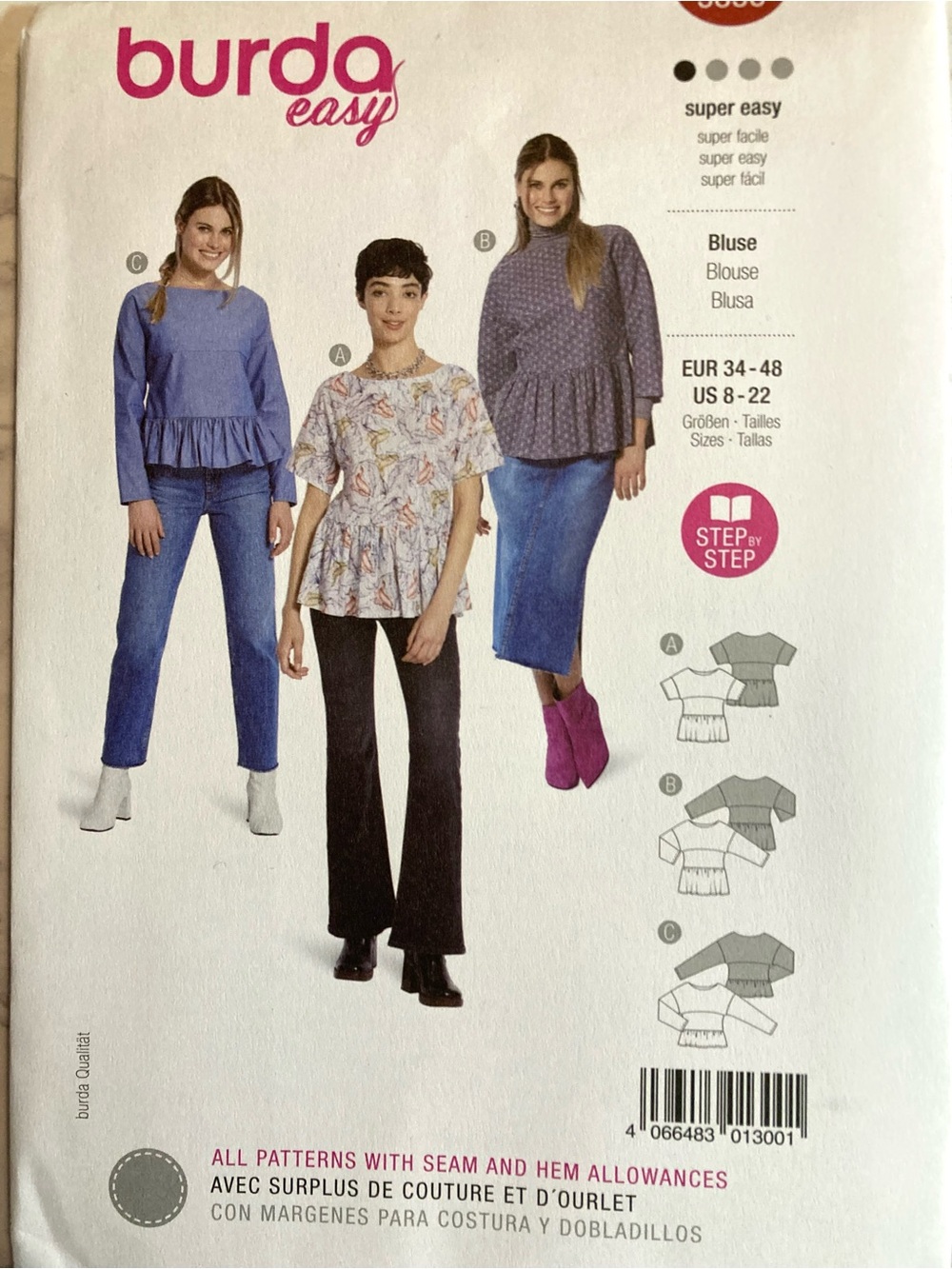 Burda 5856 Long or Short Drop Sleeve Blouse Seams Ruffle Sewing Pattern 8 -22